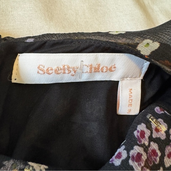 See by Chloe 34 (US 4) 100% Silk Black Floral Dress ~ Sheer Ruffle Cocktail - Picture 9 of 11